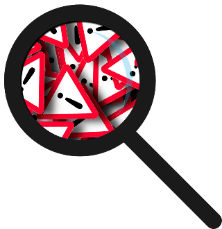 Magnifying glass with looking at caution symbols